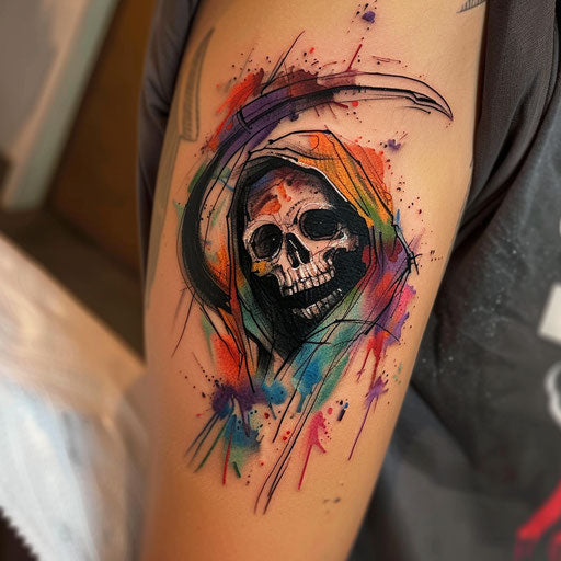 Expressionist reaper tattoo with bold colors and emotional expression