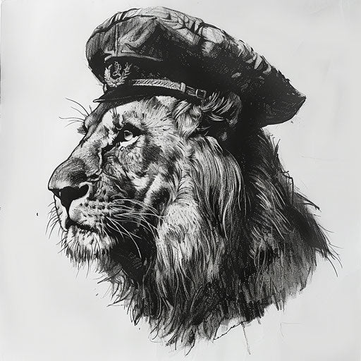 Ink drawing of a lion wearing a military beret