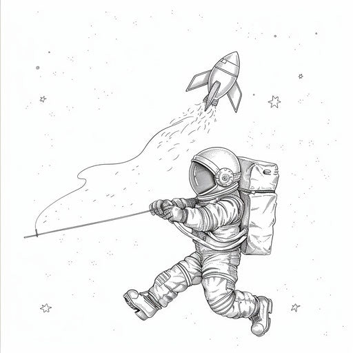Playful astronaut flying rocket-shaped kite in zero gravity