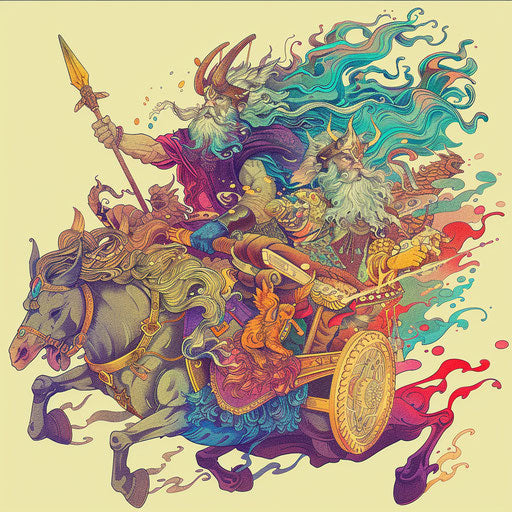 Baldur on chariot pulled by mythical creatures