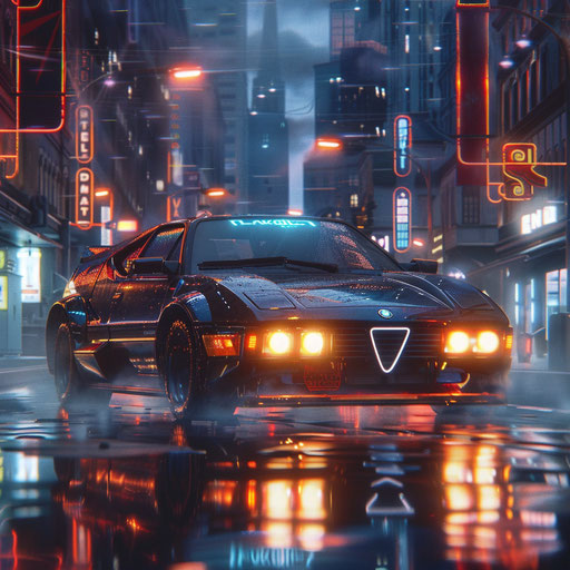 Cyberpunk Alfa Romeo Alfasud with holographic display and LED underglow, cruising through a futuristic city.