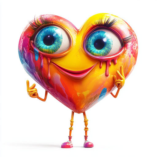 Humorous caricature of a heart with human characteristics and exaggerated big eyes