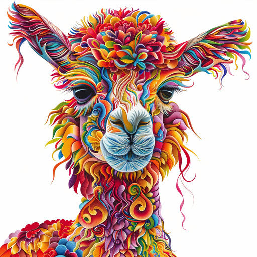 Realistic alpaca clipart on flat white background, vibrant colors and intricate details