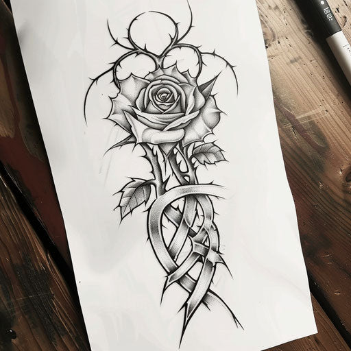 Flat tattoo sketch of a rose with thorny vine wrapping in a Celtic knot pattern