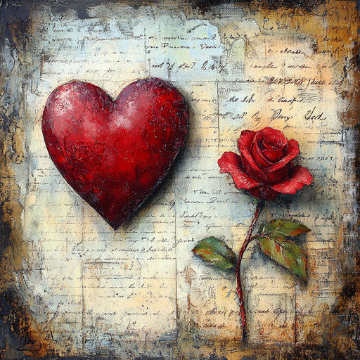 Valentine's Day wall art with red heart and rose on vintage love letters background