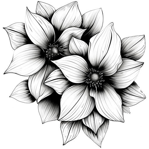 Intricate black and white line art of a floral tattoo, centered on a pure white canvas