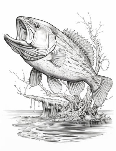 Bass fishing with hooks, coloring pages