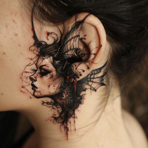 Ear tattoos in the style of Gerald Brom with dark fairies