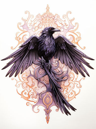 Crow with wing tattoo, light purple and amber style