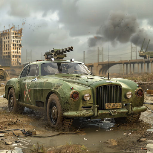 Military Bentley with machine gun in combat zone
