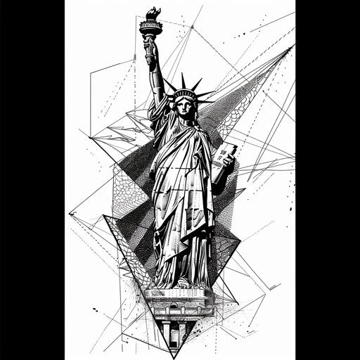 Detailed dotwork tattoo sketch with Statue of Liberty on geometric background