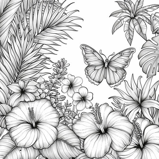 Butterfly among tropical flowers. Coloring book page
