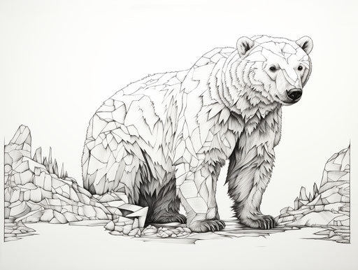 Black and white drawing of a polar bear, simple lines style, captivating 4:3