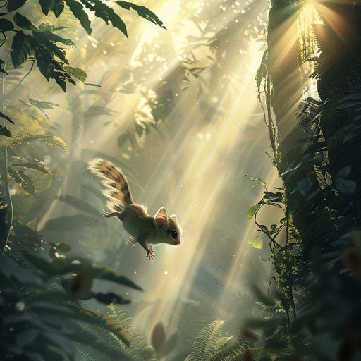 A sugar glider navigating through a misty forest