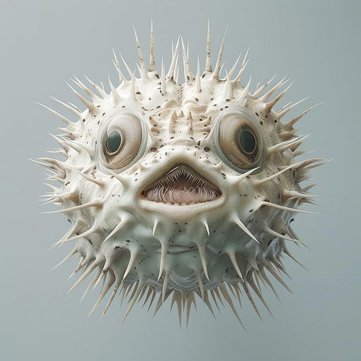 Puffer fish with its spines extended, in the style of Simen Johan