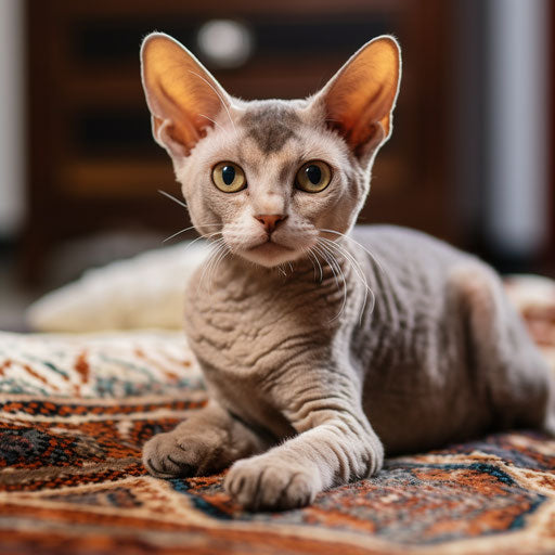 Devon rex cat lying on a carpet