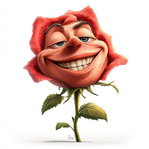Humorous caricature of a rose with exaggerated human characteristics