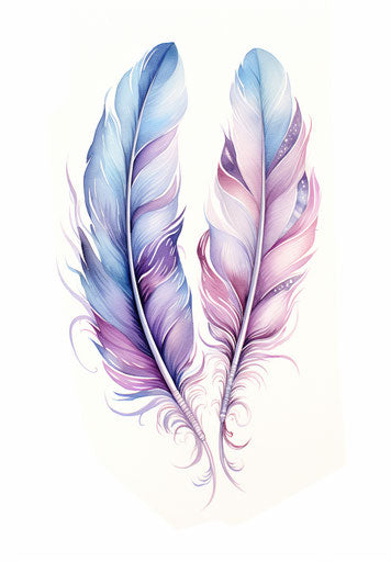 Two ornate feathers, light teal and dark purple style