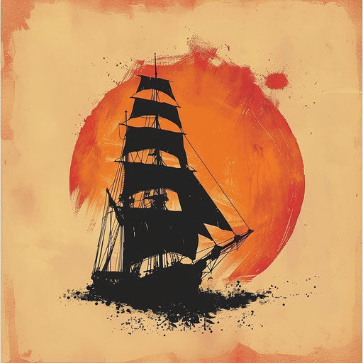 Minimalist sailing ship silhouette on sunset orange background
