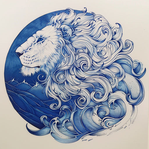 Sketch of tattoo inspired by Japanese wave art of the Lion of Judah