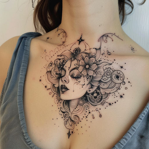 Feminine chest tattoo with cosmic elements and celestial beings