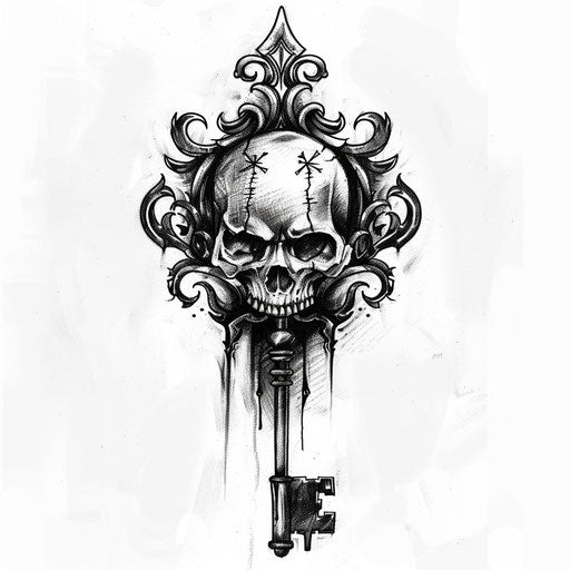 Edgy tattoo sketch of a key with a skull design