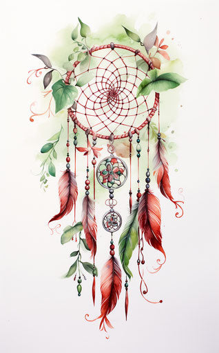 Dream catcher with feathers, wings and acorns, green & red