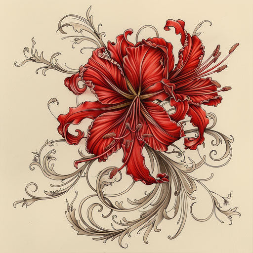Art nouveau sketch of red spider lily with flowing lines