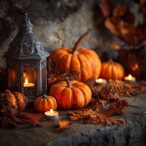 Autumn Elements Surrounding Glowing Pumpkins