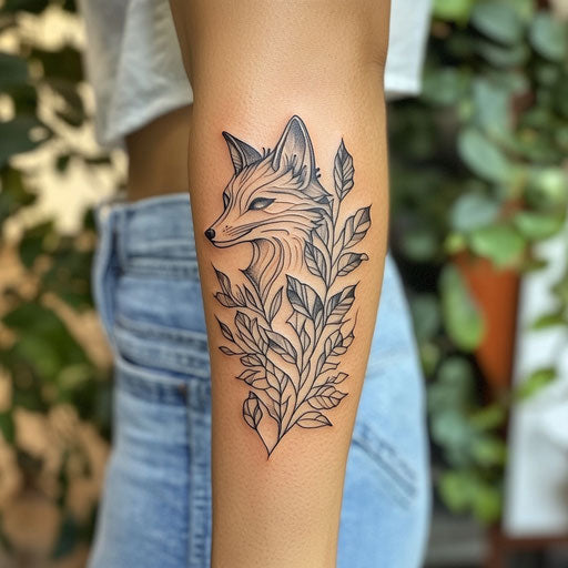 Inner forearm tattoo showcasing a fox surrounded by leaves, in the style of Humberto Ramos