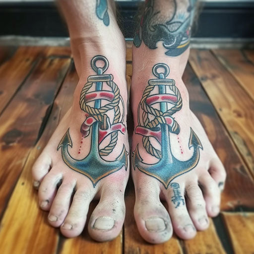 Foot tattoos in the style of Sailor Jerry with an anchor and rope