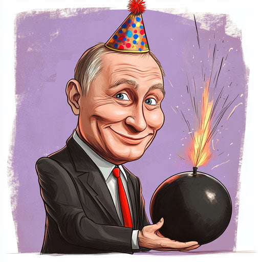 Caricature of Vladimir Putin with a big black bomb