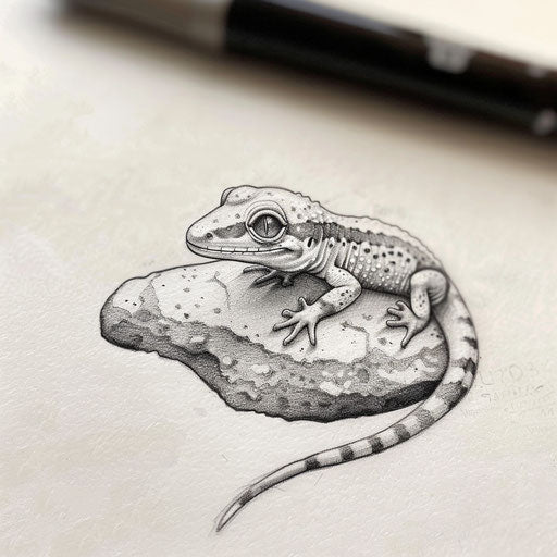 Gentle flat tattoo sketch of a gecko on a smooth rock