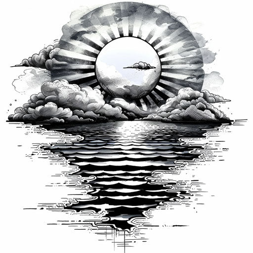 Bold clipart style tattoo sketch of a rising sun with stark contrast black and white stripes
