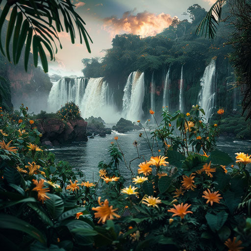 Iguazu Falls with lush greenery and exotic flowers