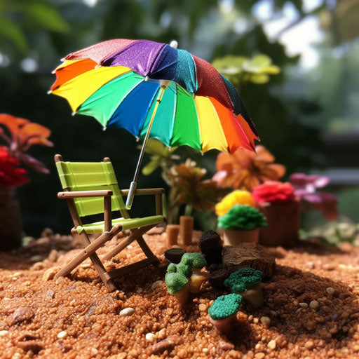 Tiny rainbow umbrella beside a chair