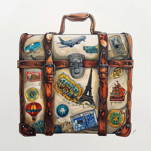 Elegant sketch of vintage suitcase with travel stickers
