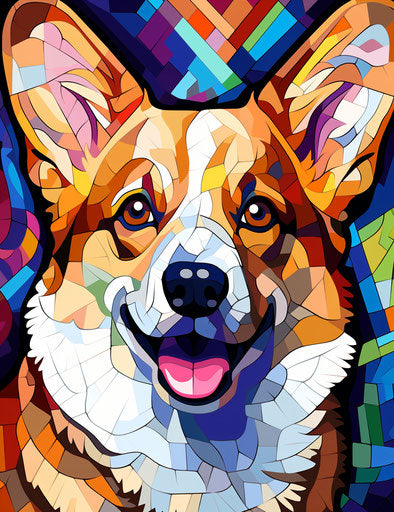 Corgi in animated mosaic style on canvas, child's drawing
