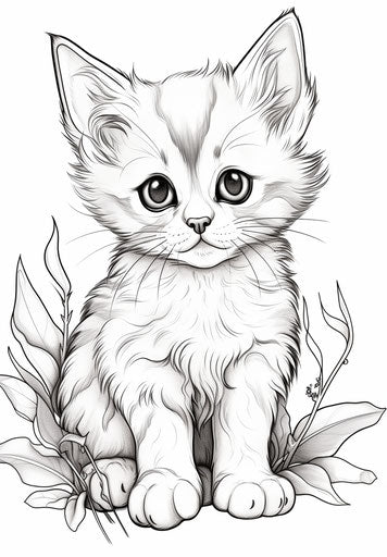 Kitten coloring page in grey, realistic stylized style, anime-influenced, hinchel or 23:33