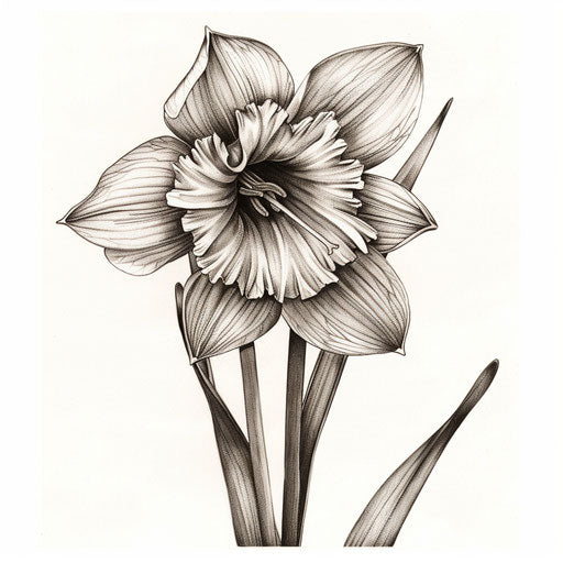 Botanical illustration of a narcissus flower tattoo on white paper