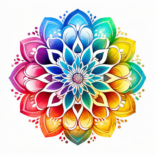 Colorful rainbow mandala with flower design on white background