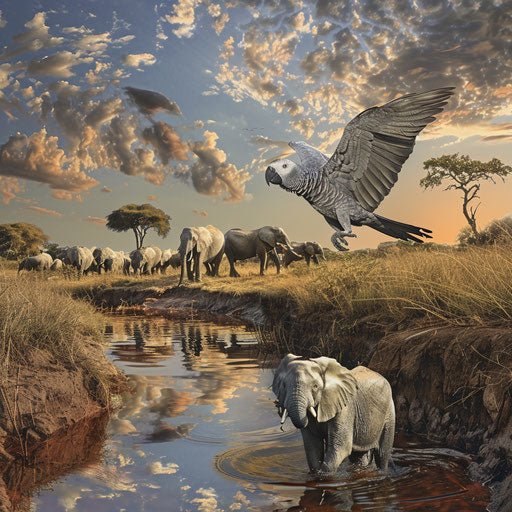 African grey parrot observing a herd of elephants from above
