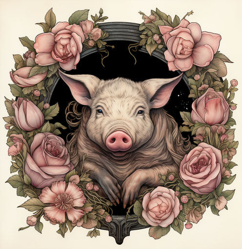 Heart shaped wreath with pink flowers and a pig in the center