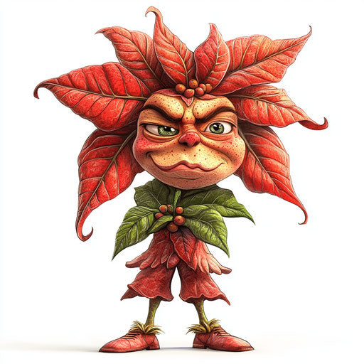 Humorous caricature of a poinsettia with human characteristics