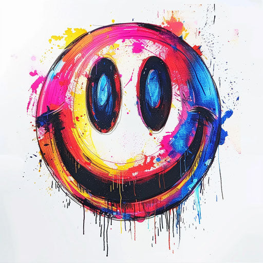 Neon-colored smiley face tattoo design on pristine white background