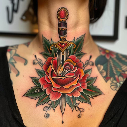 Neck tattoo of a classic rose and dagger, in the style of Ed Hardy