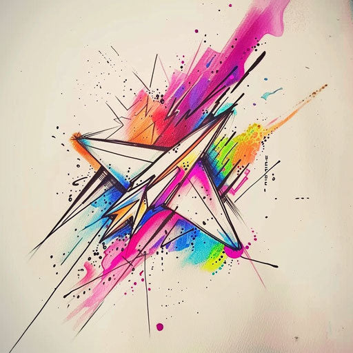 Bold tattoo sketch of a paper airplane with graffiti style splatters and vibrant hues