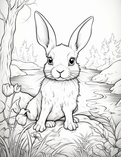 Cartoon rabbit coloring page, joyful and optimistic artistic style