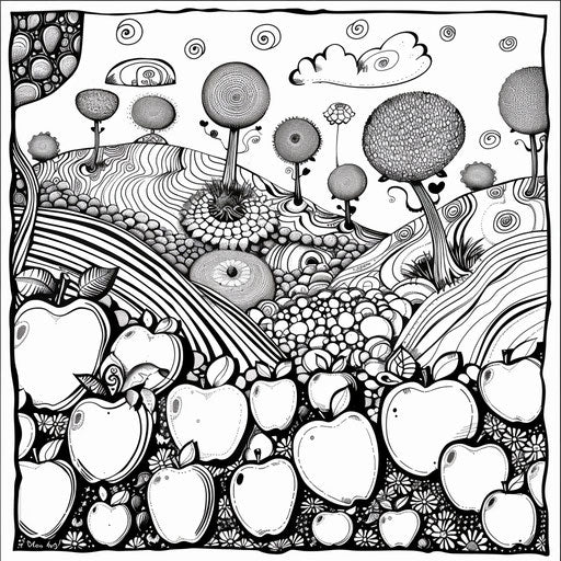 Apples in a whimsical, Dr. Seuss-inspired landscape. Coloring book page