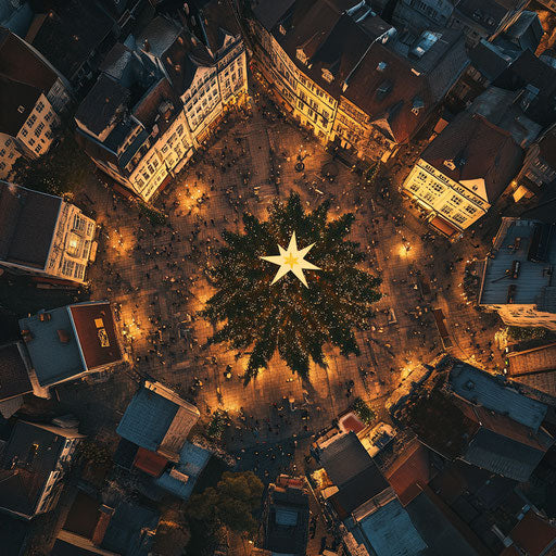 Dramatic aerial view of a town square with a massive Christmas tree